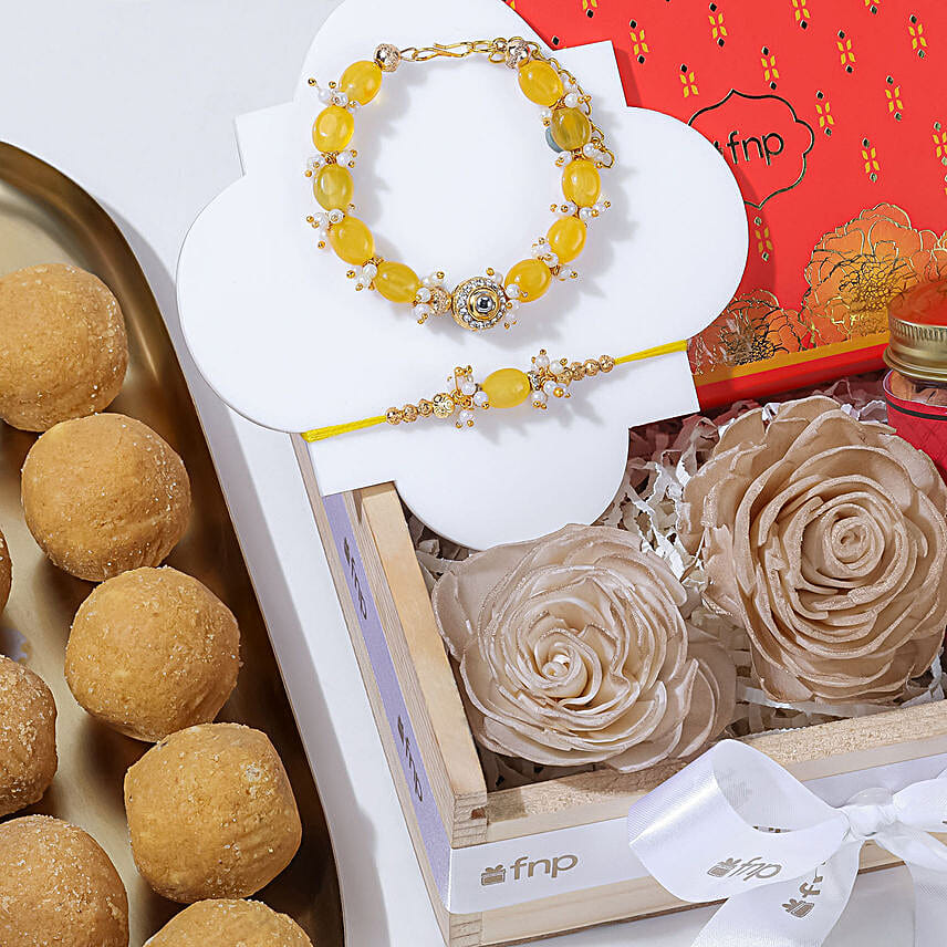 Designer Pearl Rakhi Hamper with Ladoo N Almonds