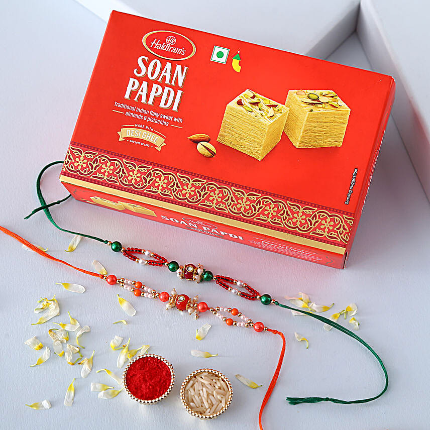 Sneh Pearl Rakhi Set & Soan Papdi