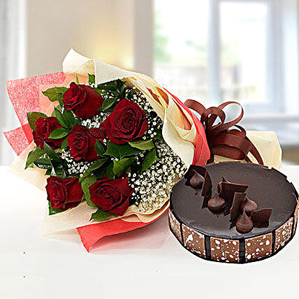 Elegant Rose Bouquet With Chocolate Fudge Cake OM