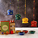 Set Of 4 Diyas With Bells And Cracker Shaped Chocolates