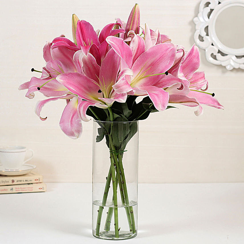 5 Pink Oriental Lilies in Glass Vase:Send Wedding Gifts to Philippines