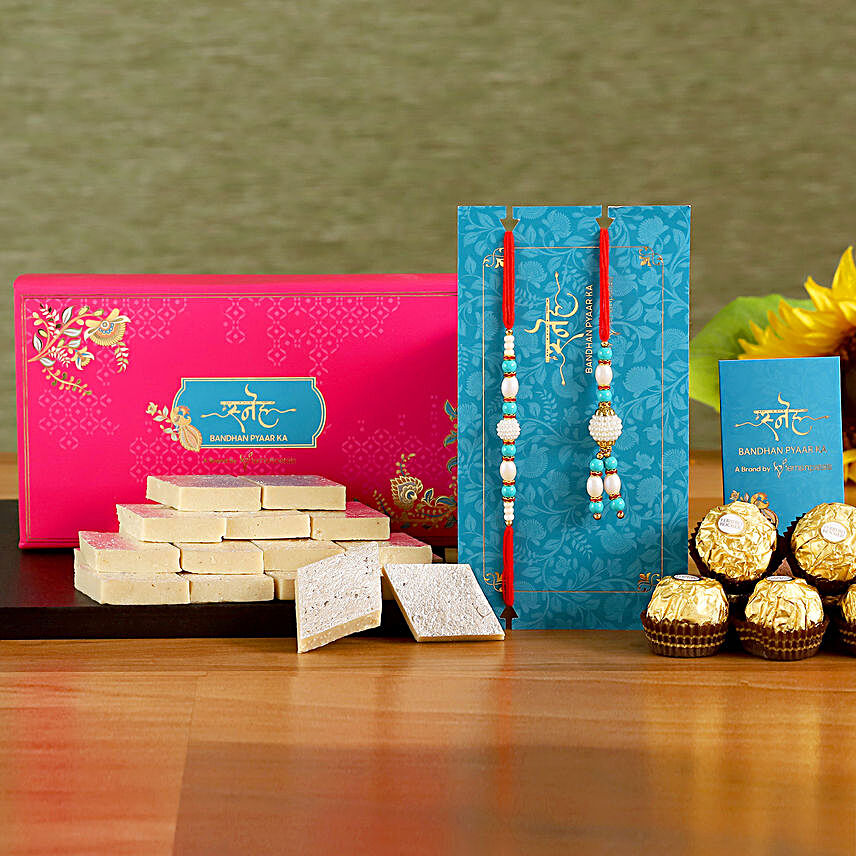 Blue Pearl Lumba Rakhi Set And Kaju Katli With Ferrero Rocher:Send Rakhi Sets to Philippines