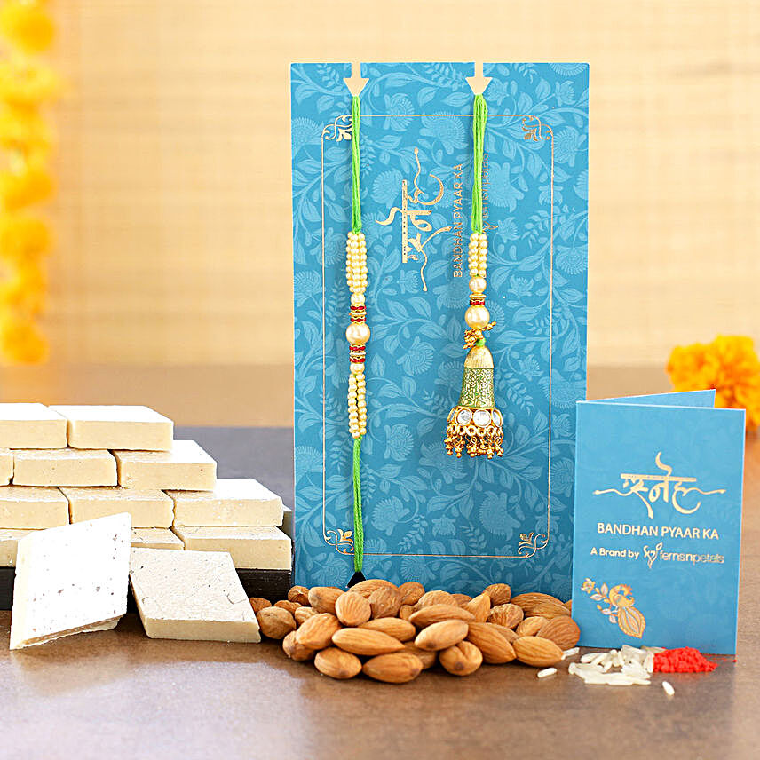 Ethnic Lumba Rakhi Set And Almonds With Kaju Katli