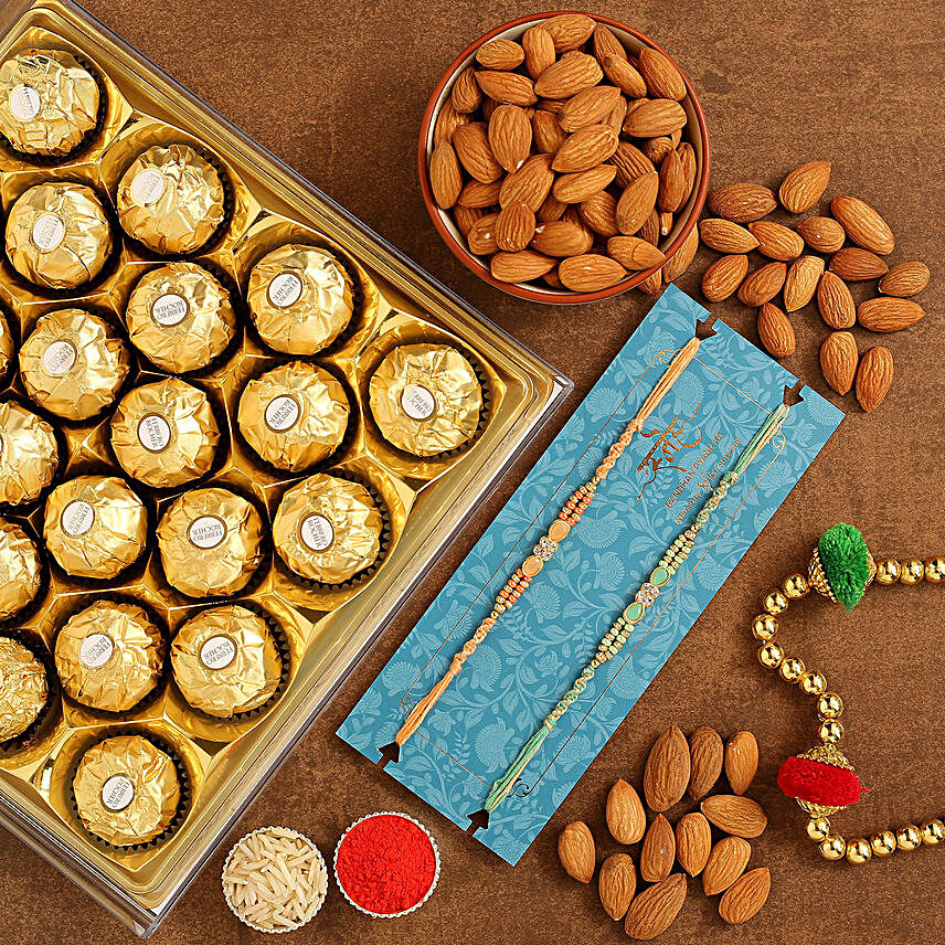 2 Stone Designer Rakhis And Almonds With Ferrero Rocher