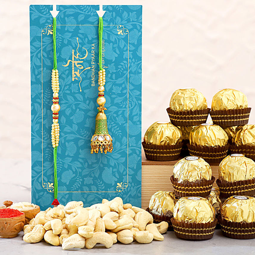 Ethnic Lumba Rakhi Set And Cashew With Ferrero Rocher