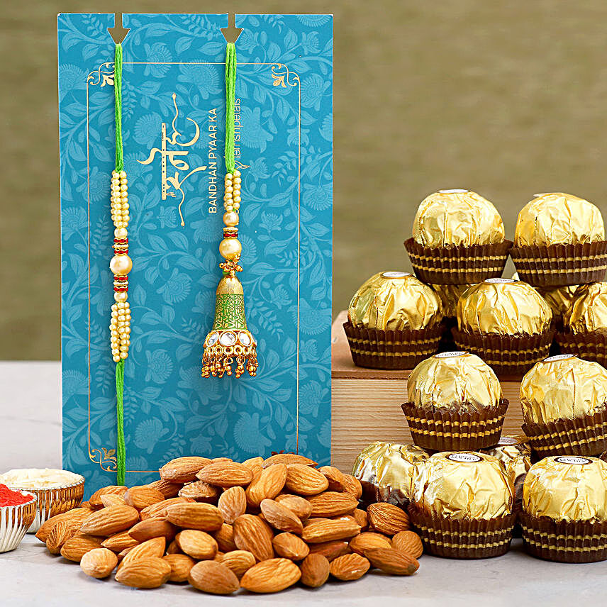Ethnic Lumba Rakhi Set And Almonds With Ferrero Rocher