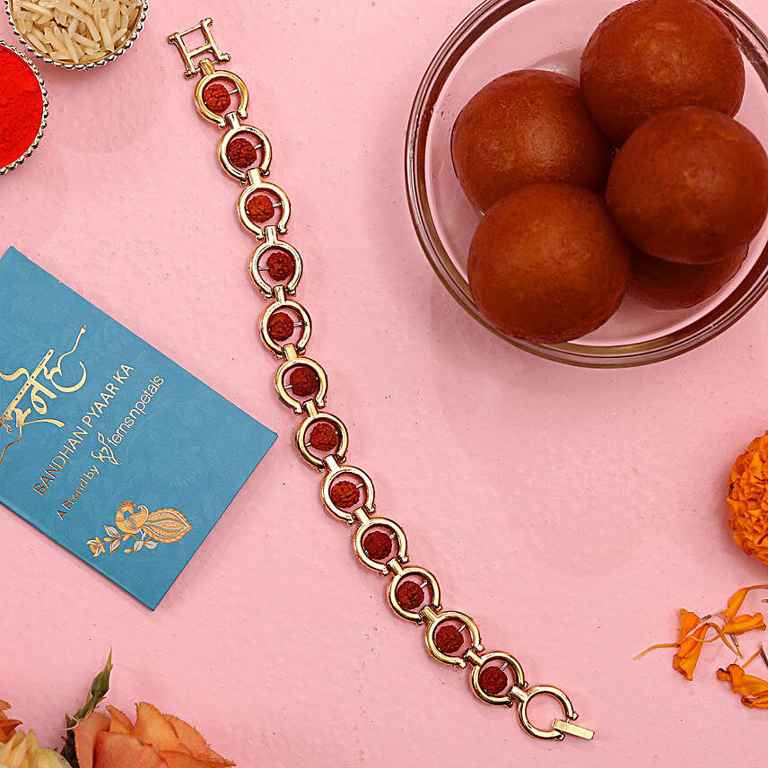 Rudraksha Bracelet Style Rakhi And Gulab Jamun:Rakhi with Sweets to Philippines