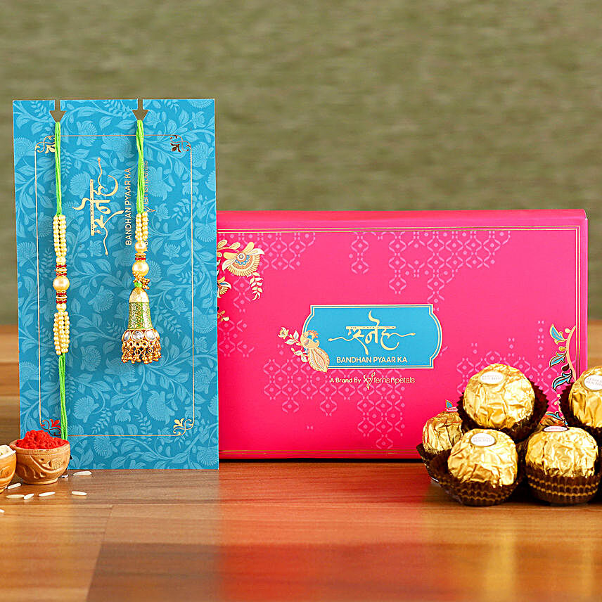Ethnic Green Pearl And Lumba Rakhi Set With 3 Ferrero Rocher