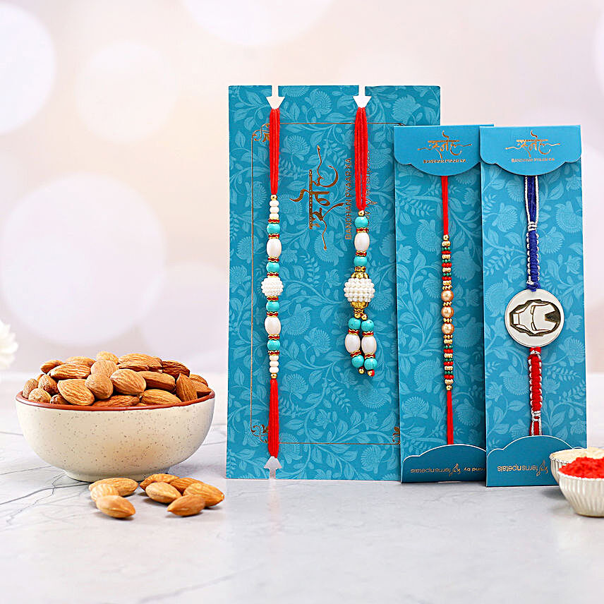 Kids Rakhi Duo And Blue Lumba Rakhi Set With Healthy Almonds