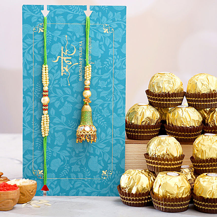 Ethnic Green Pearl And Lumba Rakhi Set With 12 Pcs Ferrero Rocher