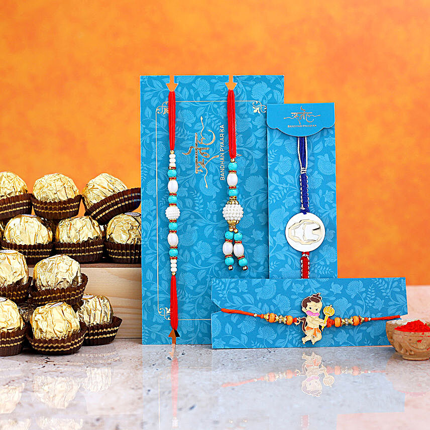 Kids Rakhi Combo And Pearl Lumba Rakhi Set With 12 Pcs Ferrero Rocher:Bhaiya Bhabhi Rakhi to Philippines