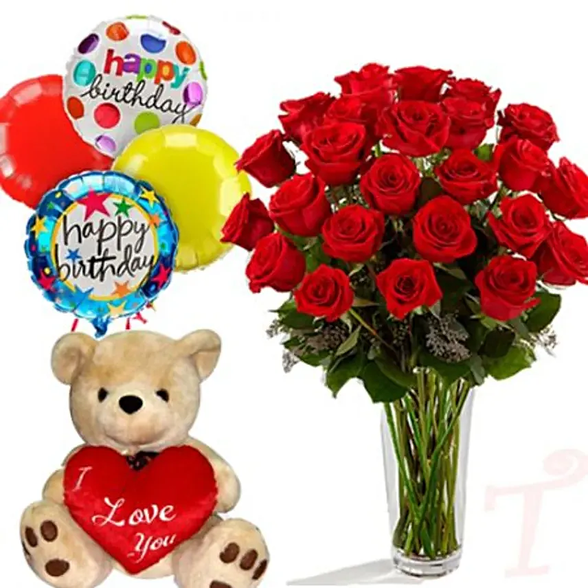 Red Roses Bouquet With Teddy Bear And Bday Balloons