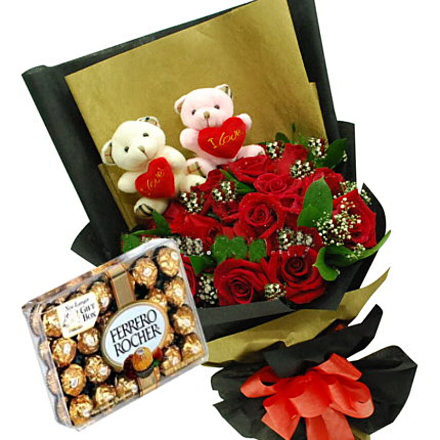 Red Roses Bouquet With Teddy Bears And Ferrero Rocher