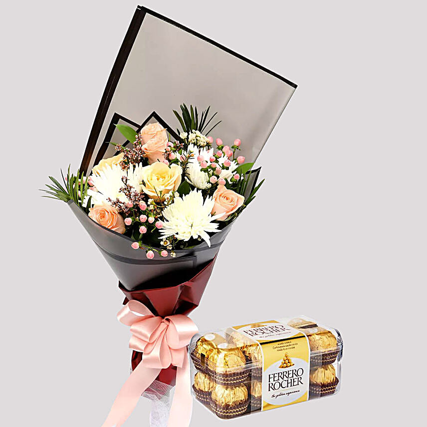 Delicate Rose Bouquet And Ferrero Rocher Box