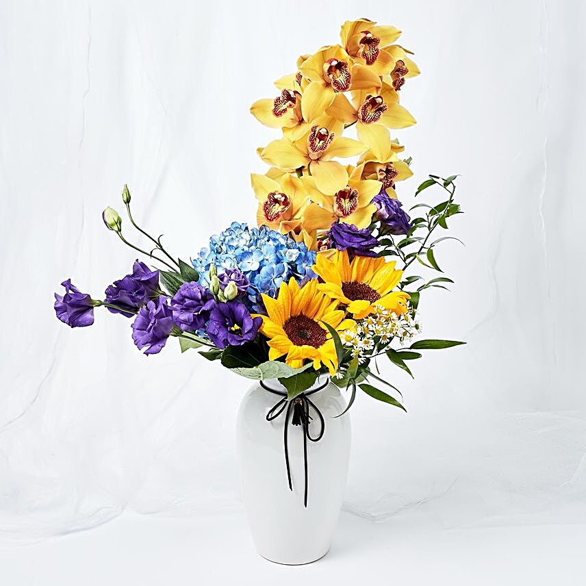 Delightful Mixed Flowers Ceramic Vase Arrangement