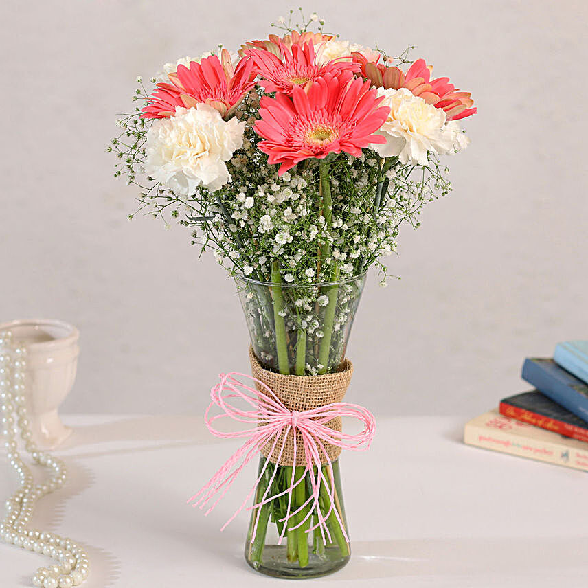 Gerberas White Carnations In Glass Vase:Carnations Flowers Delivery Philippines