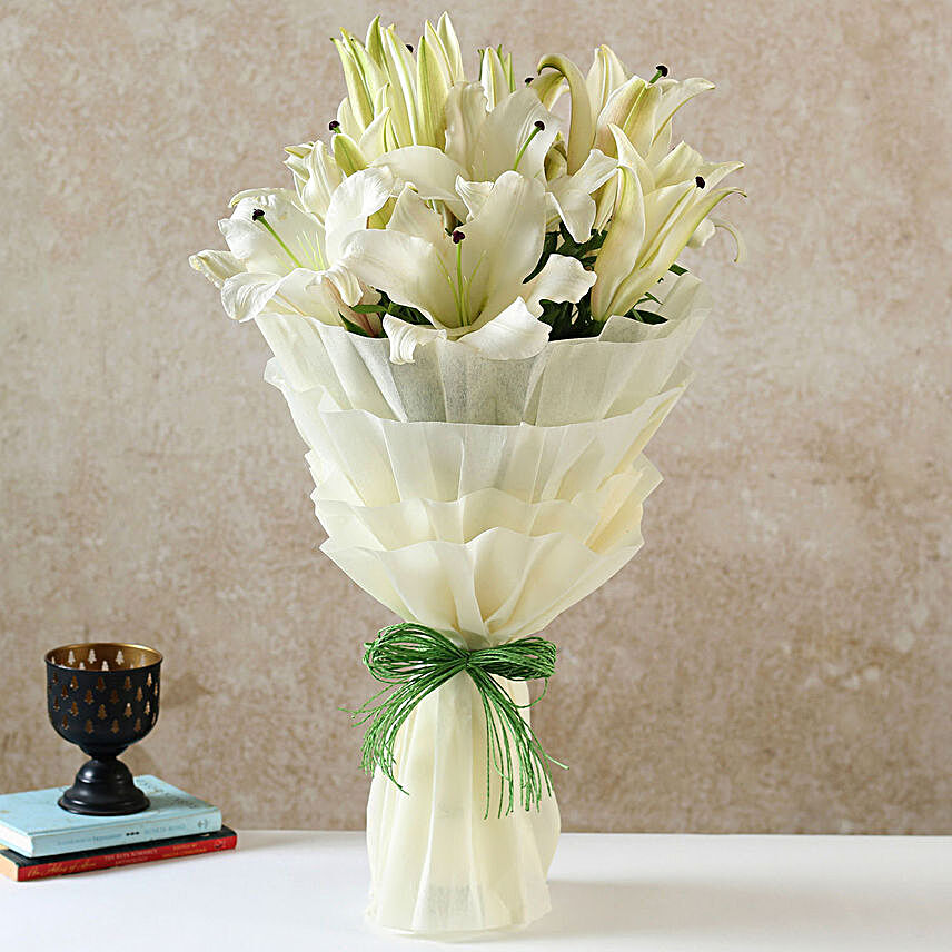 Serene White Oriental Lilies Bouquet:Flower Bouquets