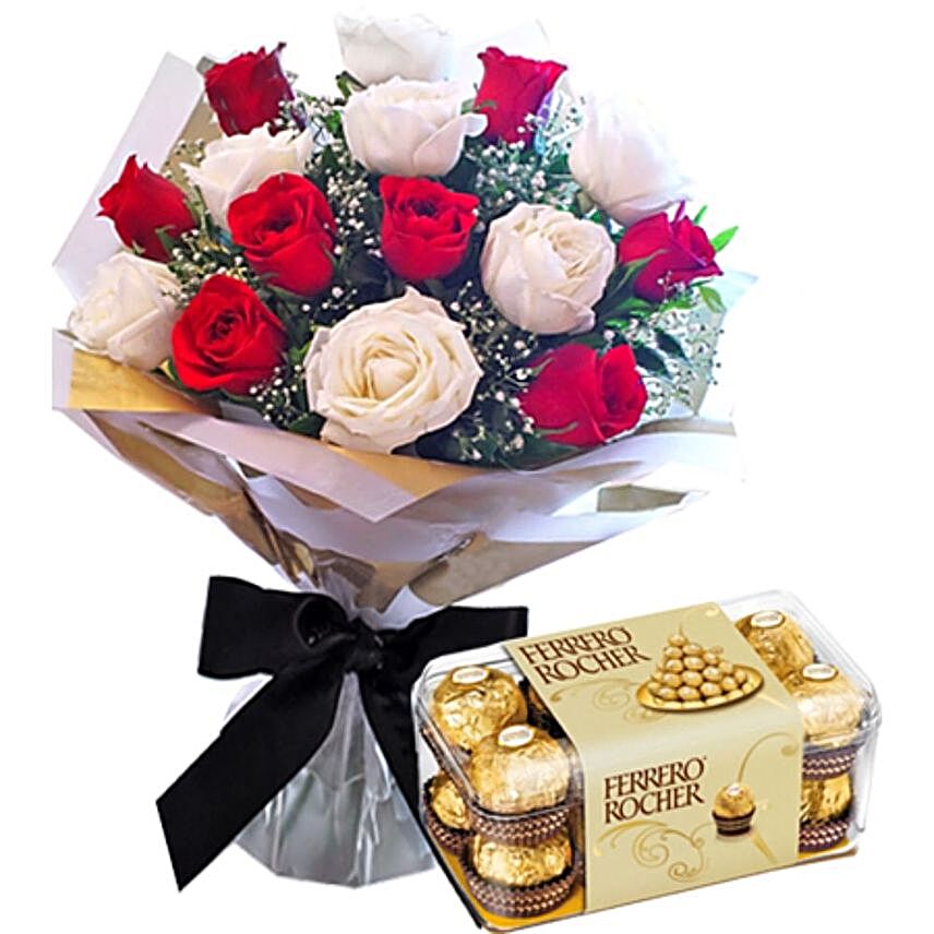 White And Red Roses Bouquet With Ferrero Rocher