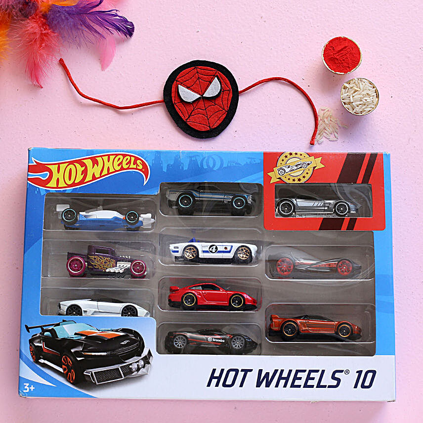 Spiderman Rakhi And Hot Wheels Car Set:Rakhi to Philippines