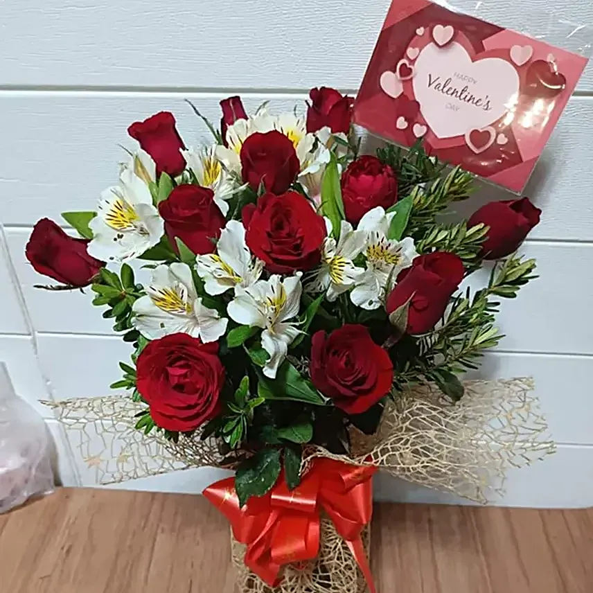 12 Red Roses with Alstromerias in Vase