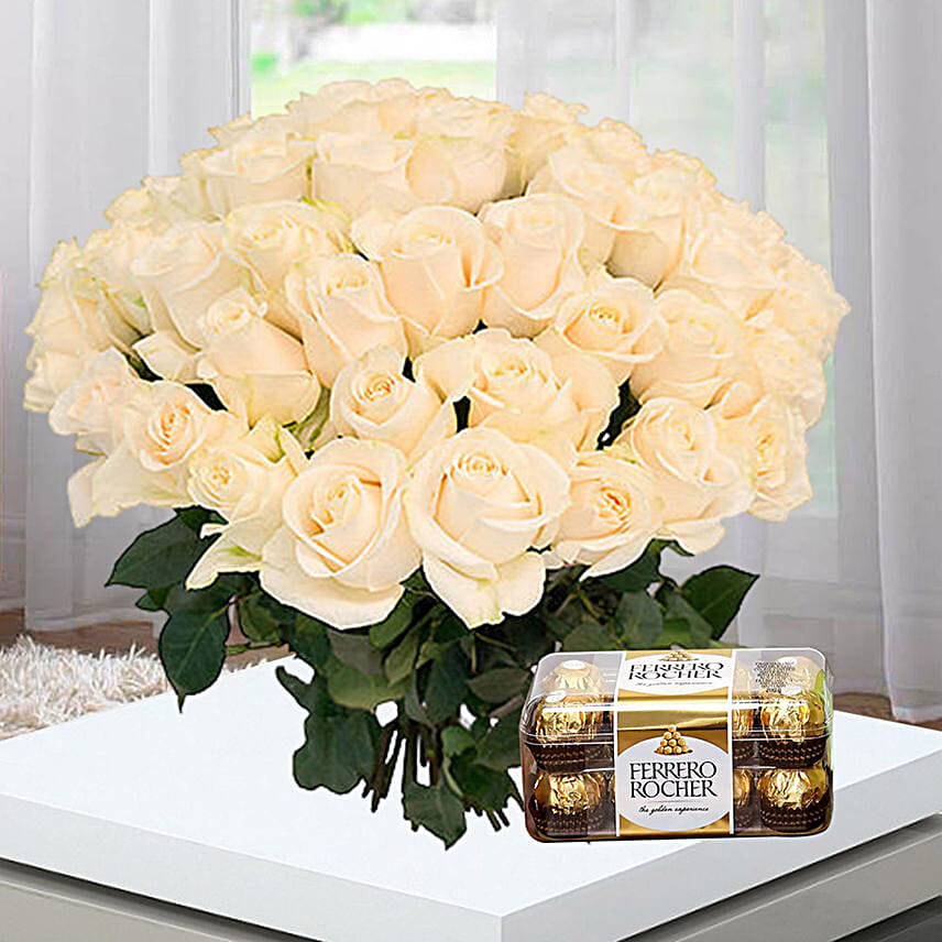 6 White Roses Bunch And Ferrero Rocher