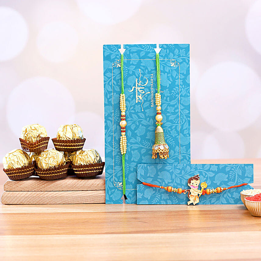 Bal Hanuman And Green Lumba Rakhi Set With 3 Pcs Ferrero Rocher