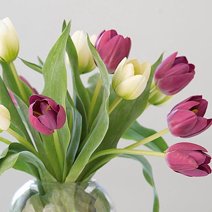 Beautiful Mixed Tulips Glass Vase