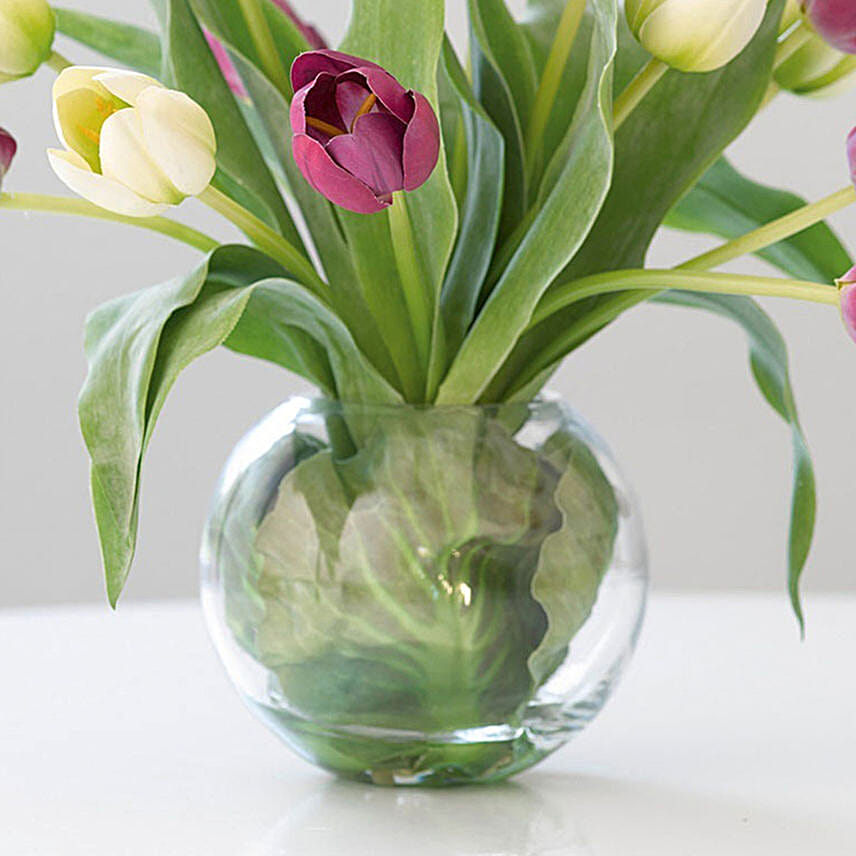 Beautiful Mixed Tulips Glass Vase