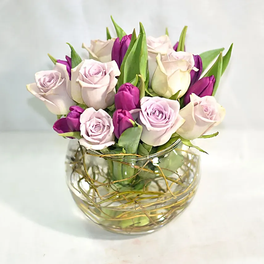 Beautiful Tulips Roses Arrangement In Fish Bowl