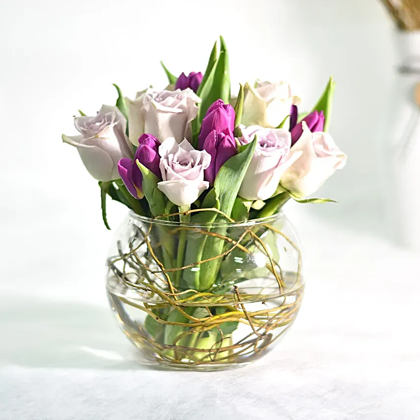Beautiful Tulips Roses Arrangement In Fish Bowl