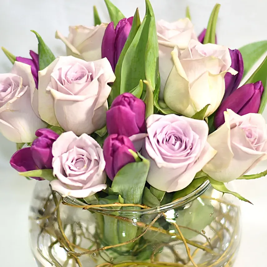 Beautiful Tulips Roses Arrangement In Fish Bowl