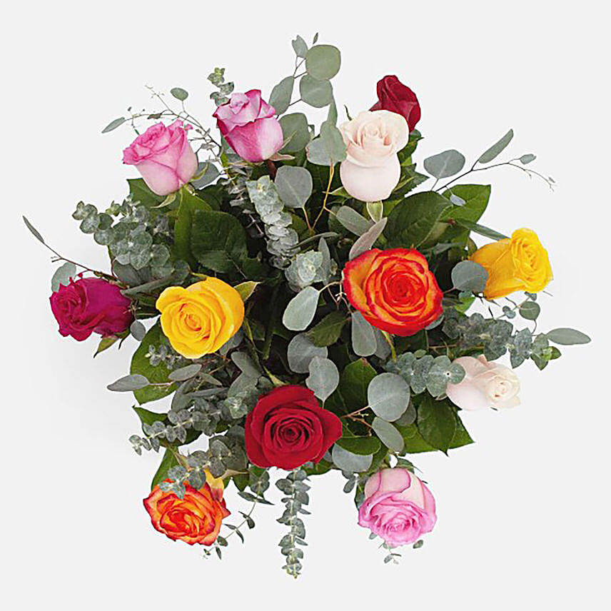Bunch Of 12 Mixed Roses Glass Vase Arrangement