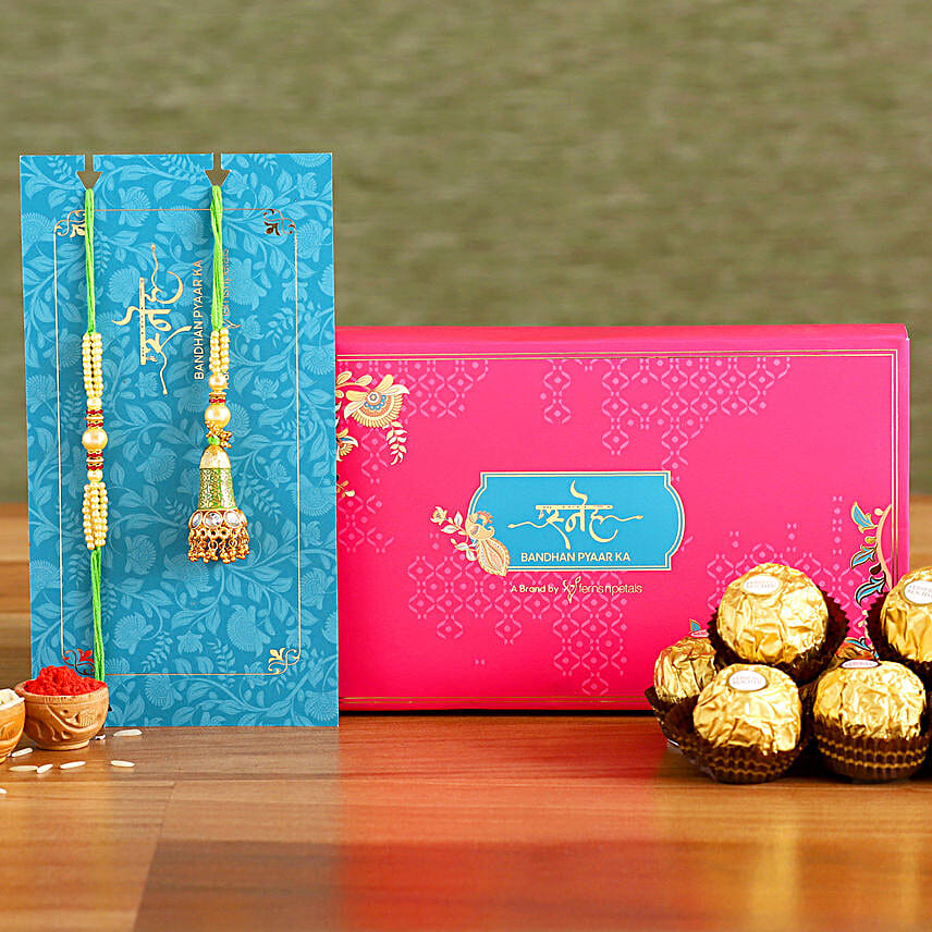 Ethnic Green Pearl And Lumba Rakhi Set With 3 Pcs Ferrero Rocher