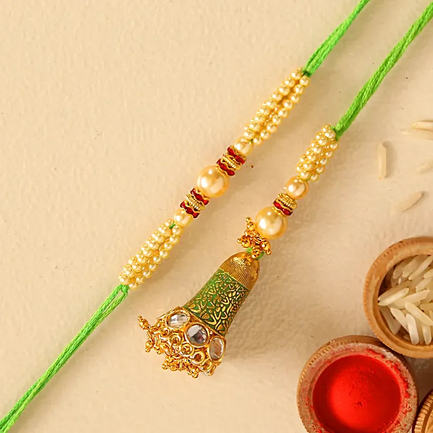 Ethnic Green Pearl And Lumba Rakhi Set With Healthy Almonds