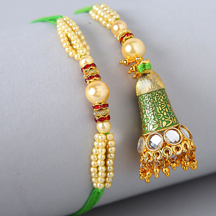 Ethnic Green Pearl And Lumba Rakhi Set