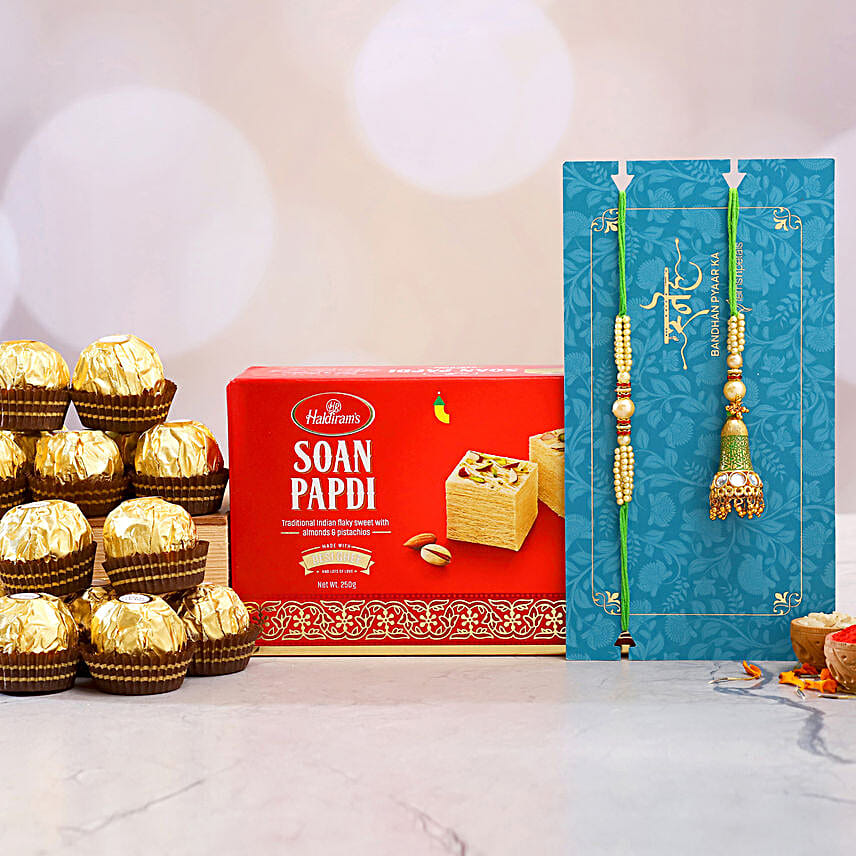 Ethnic Lumba Rakhi Set And Soan Papdi With Ferrero Rocher