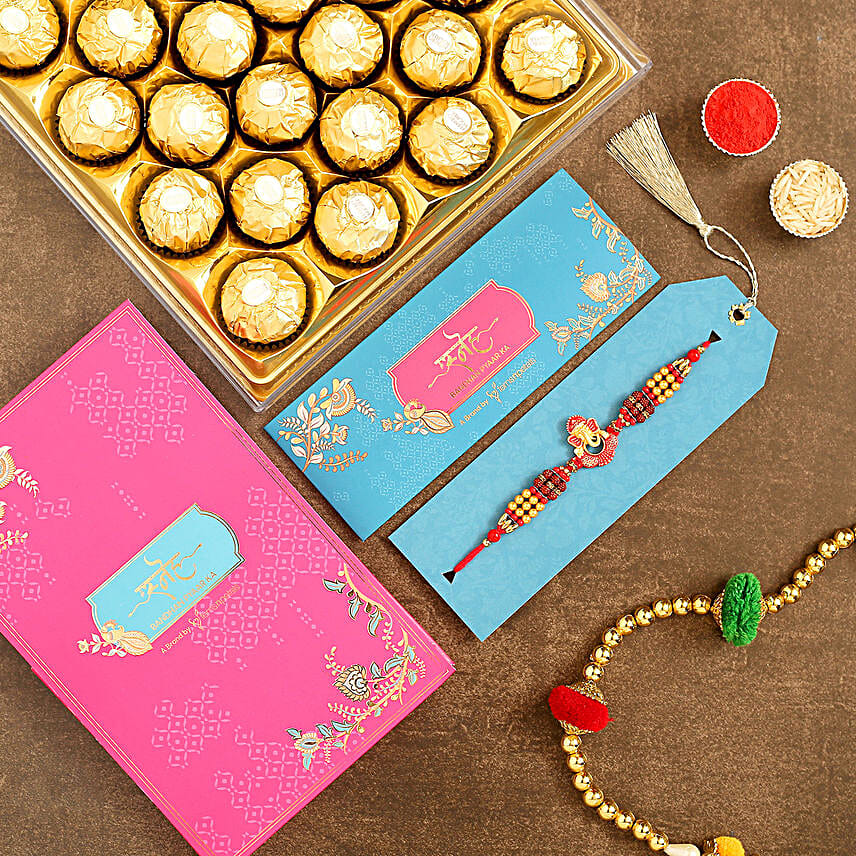 Ganesha And Rudraksha Rakhi With 12 Pcs Ferrero Rocher