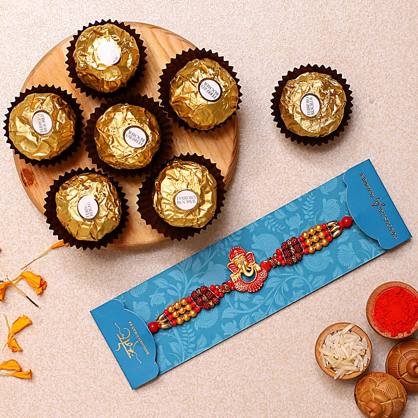 Ganesha And Rudraksha Rakhi With 3 Pcs Ferrero Rocher