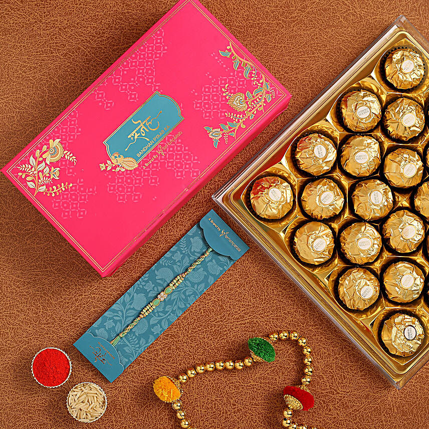 Green Pearl Designer Rakhi And 12 Pcs Ferrero Rocher