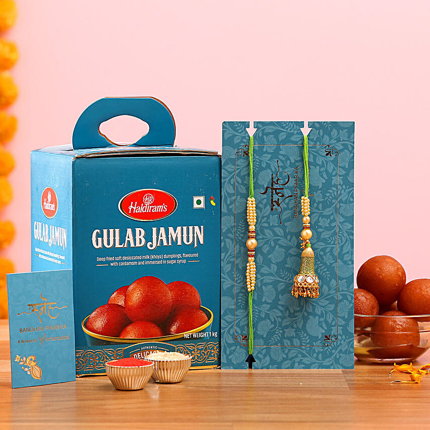 Green Pearl Lumba Rakhi Set And Gulab Jamun