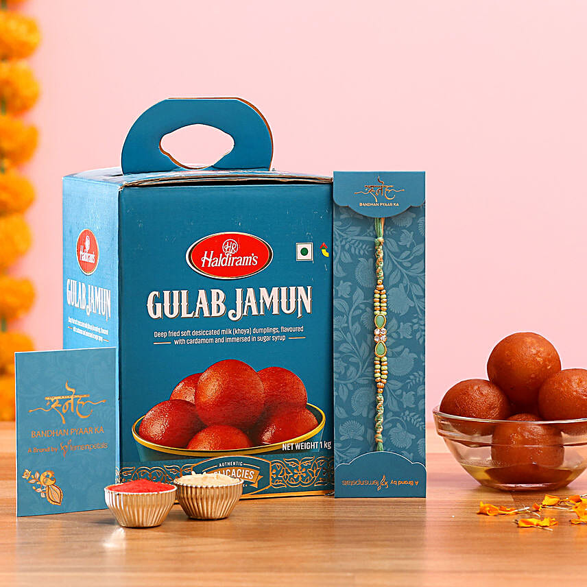 Green Stone Designer Rakhi And Gulab Jamun