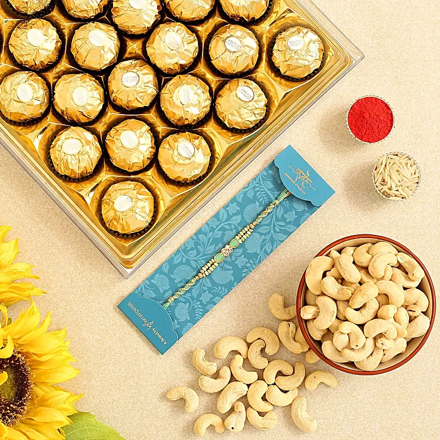 Green Stone Rakhi And Cashew With Ferrero Rocher