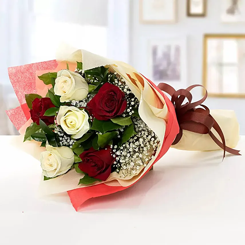 Lovely 6 Red N White Roses