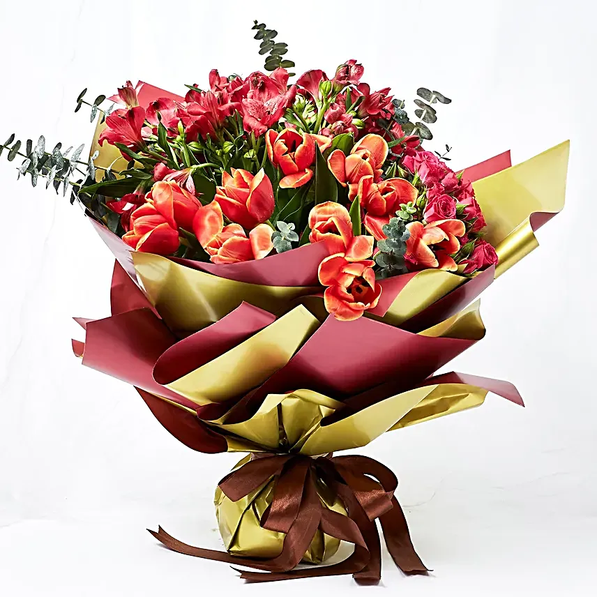 Lovely Mixed Flowers Wrapped Bouquet