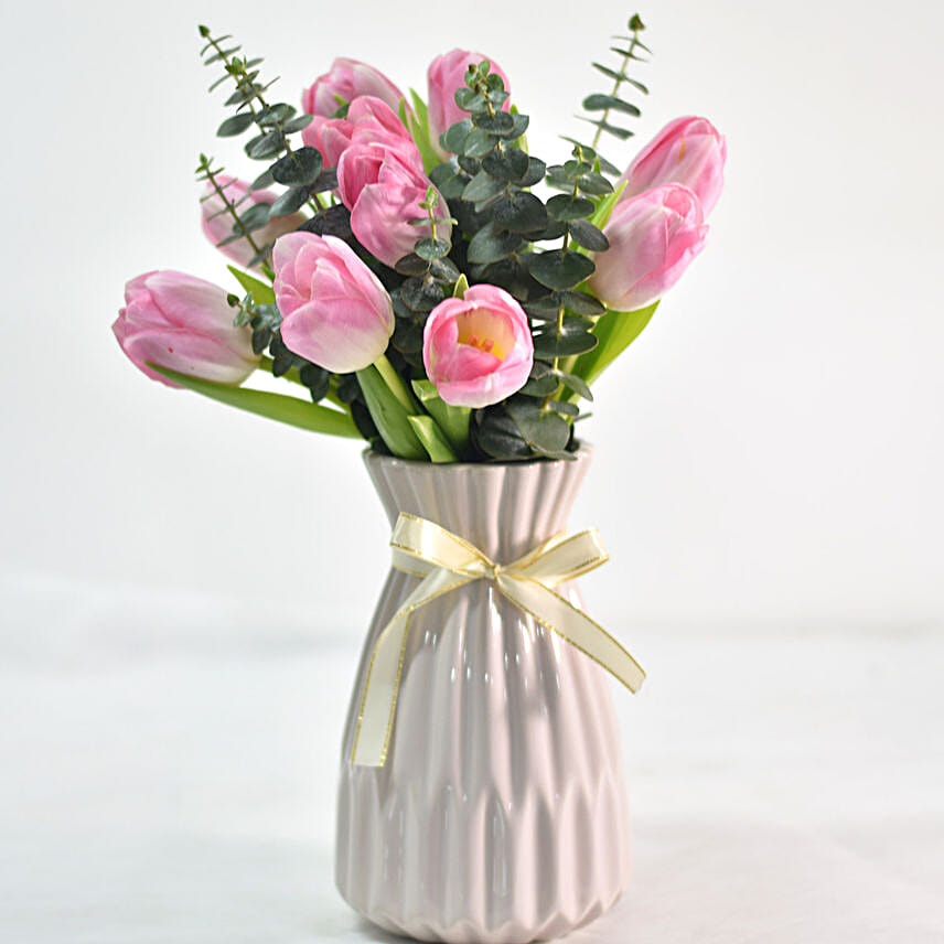 Mesmerising Tulips In Ceramic Vase