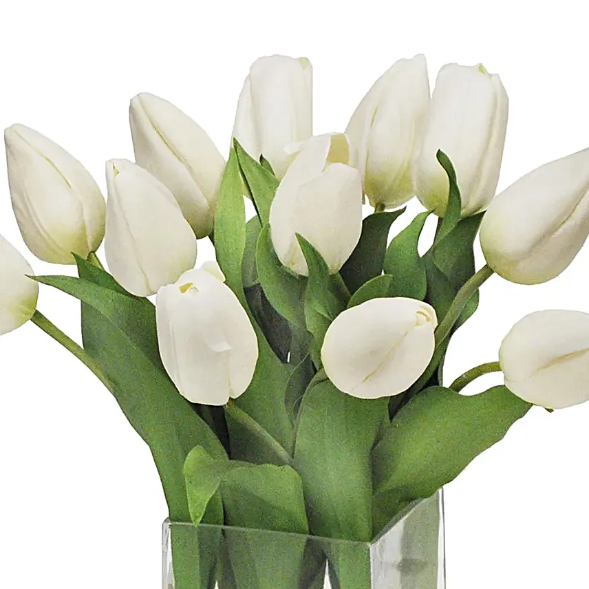 Peaceful White Tulips Square Glass Vase