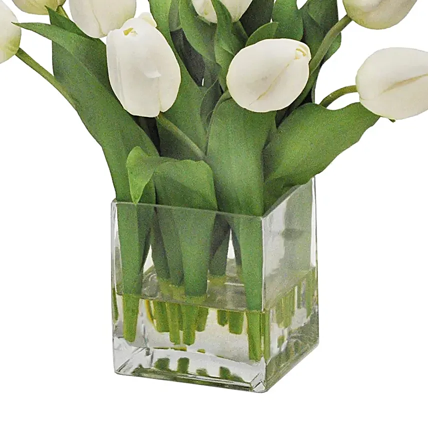 Peaceful White Tulips Square Glass Vase