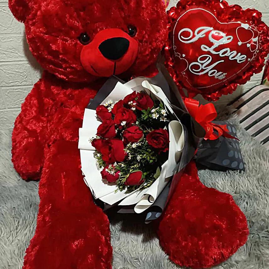 Red Bear With Roses and Balloon