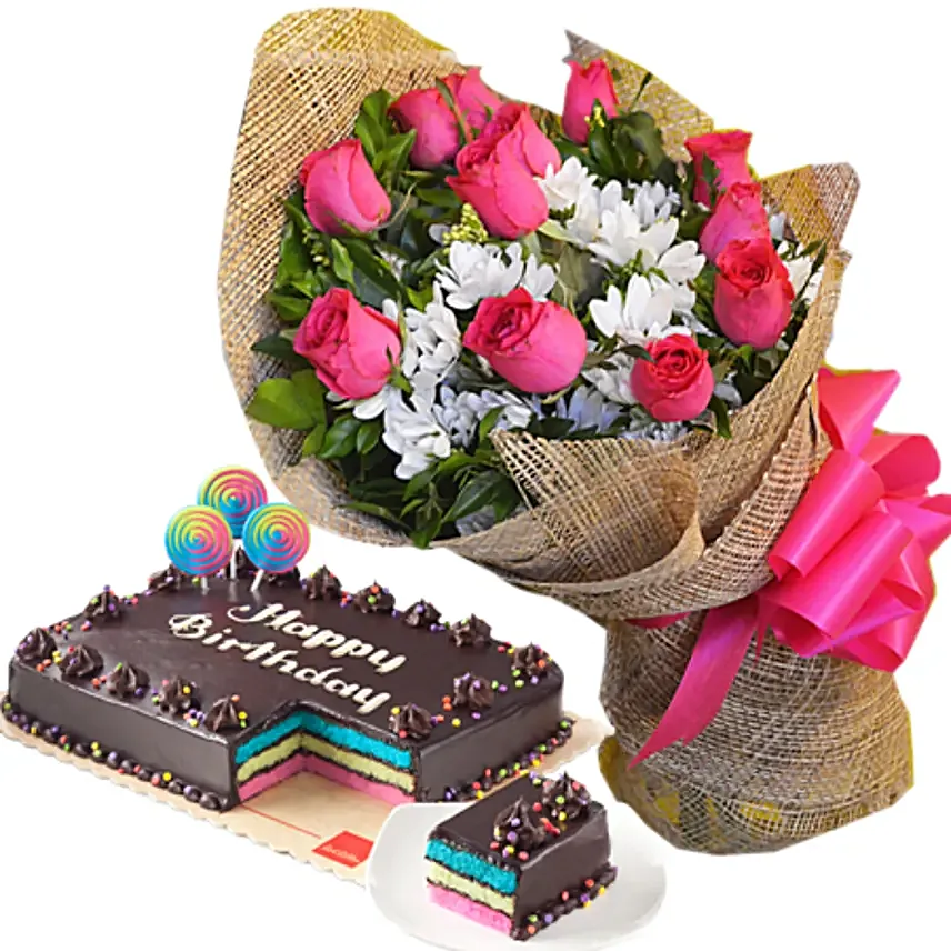 Romantic Red Roses Bouquet And Chocolate Cake