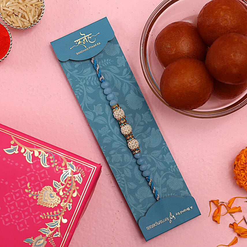 Sea Blue Pearl Designer Rakhi And Gulab Jamun